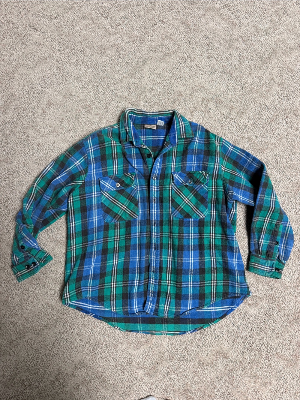 Vintage ‘90s Blue and Green Plaid Button-Down Flannel Shirt